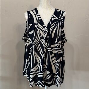 Tahari 3X Plus Womens Top Sleeveless Button Up Black and White Zebra Print Linen